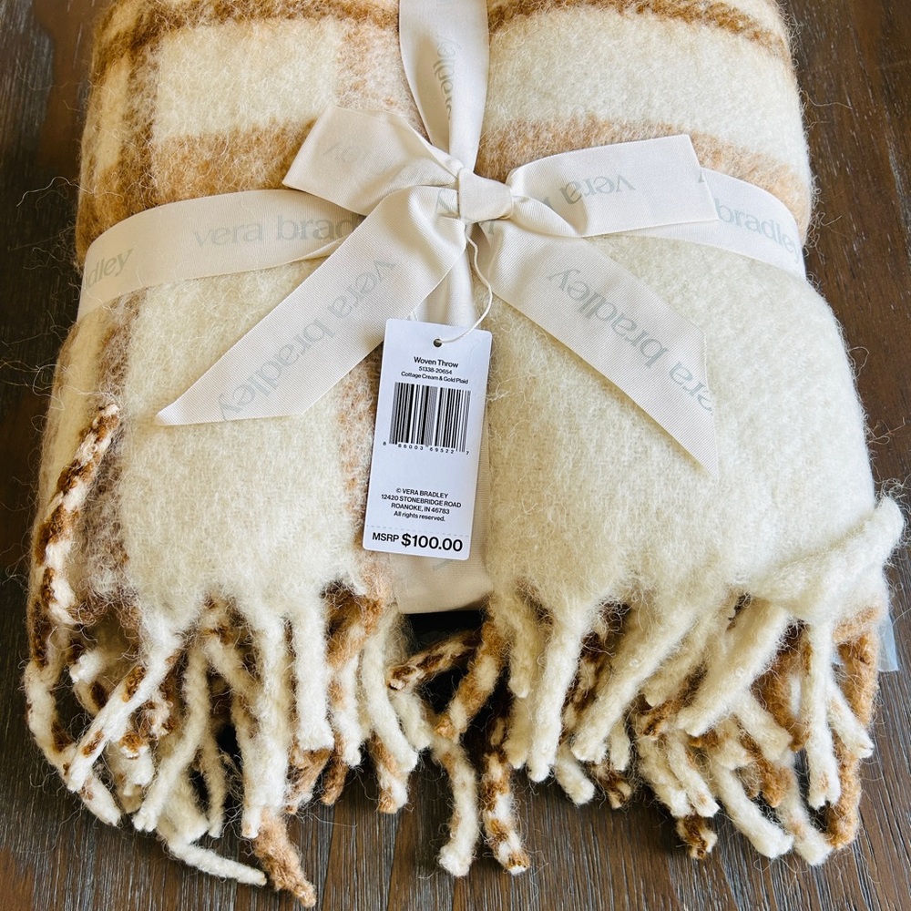 NWT Woven Wool Blend Throw Blanket Fringe Trim 50x70 Cream and Gold Plaid - Picture 3 of 7